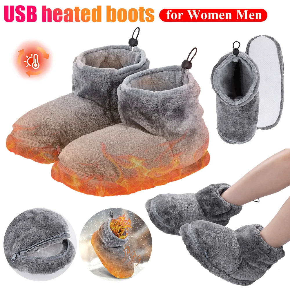 USB Heater Foot Shoes Winter Warm Snow Boots Comfortable Plush Warm Electric Slippers Foot Warmer Shoes for Men Women