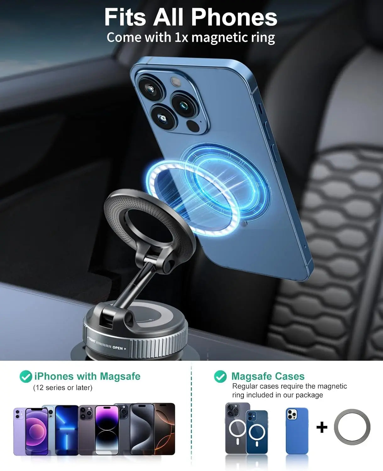 Vacuum Suction Magnetic Phone Holder for Magsafe 360° Adjustable Car Phone Mount & Retractable Vacuum Cell Phone Holders Phones