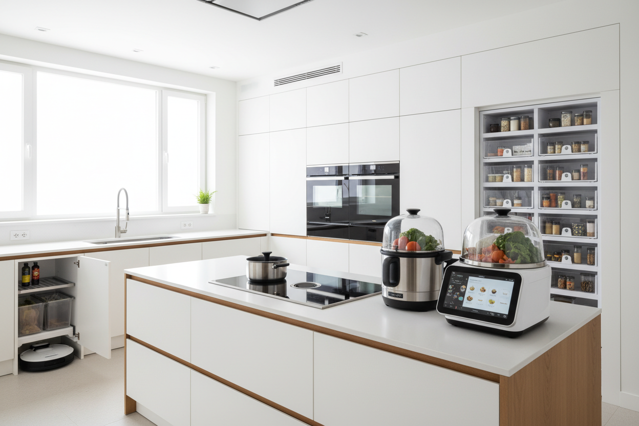 a sleek, modern kitchen featuring innovative, multi function gadgets that simplify cooing and organization, bright and clean environment, high definition photographer, minimalistic and professional design, empowering and practical lifestyle 